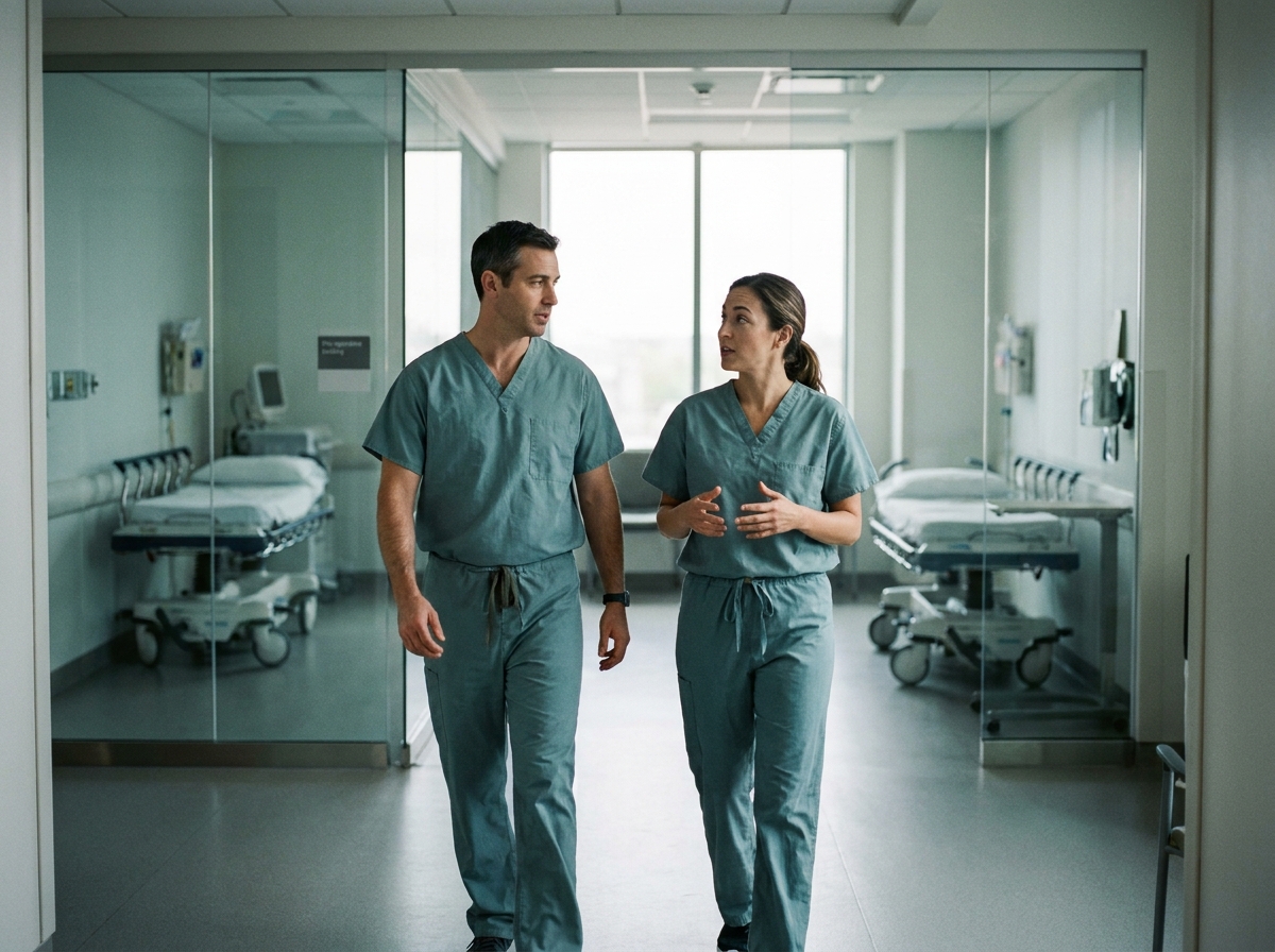 Two anesthesia providers walking and conferring in a hospital corridor