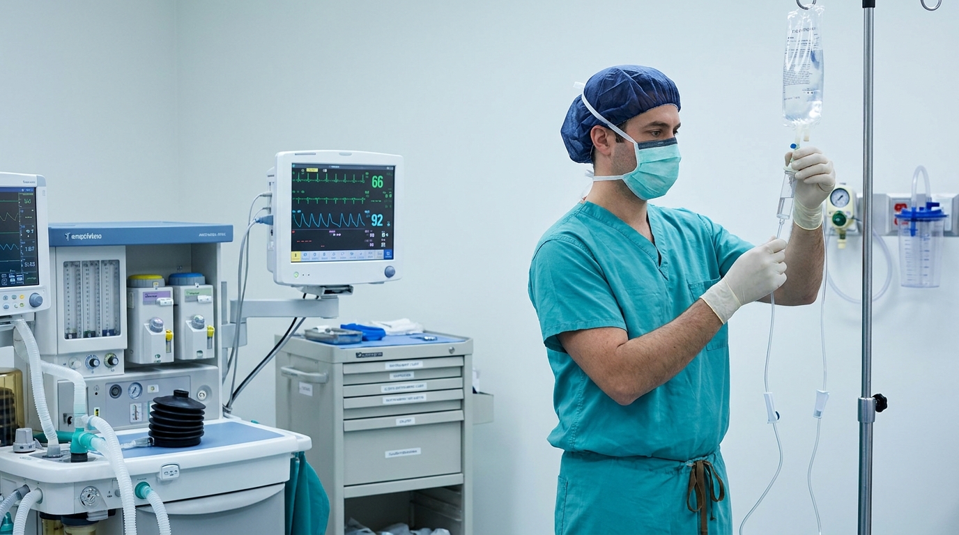 Anesthesia provider priming an IV line at an OR workstation