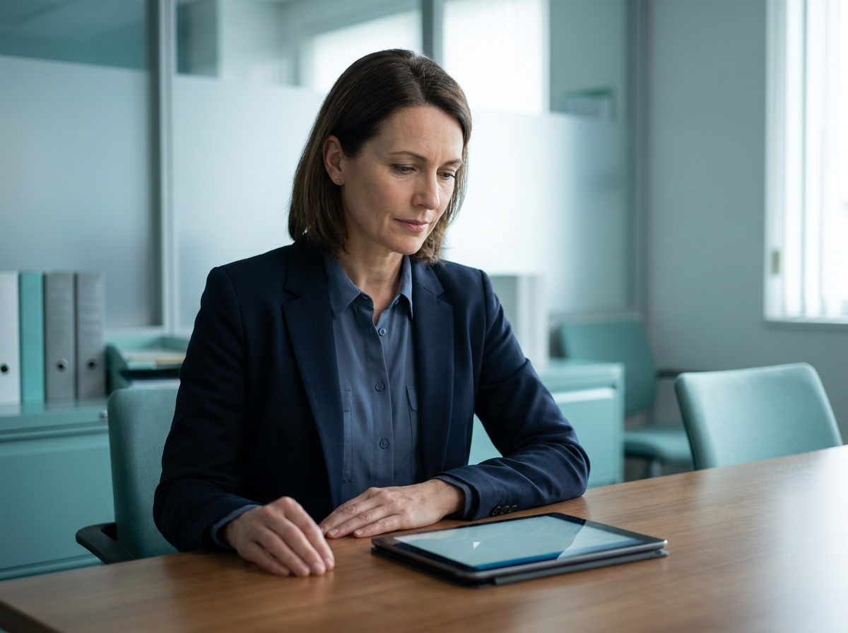 Hiring manager reviewing applications at a hospital administrative desk