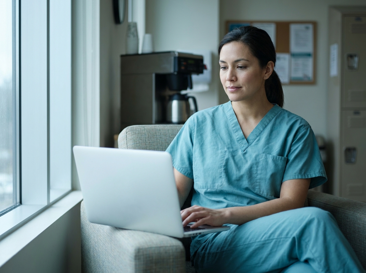 Anesthesia provider reviewing job listings on a laptop